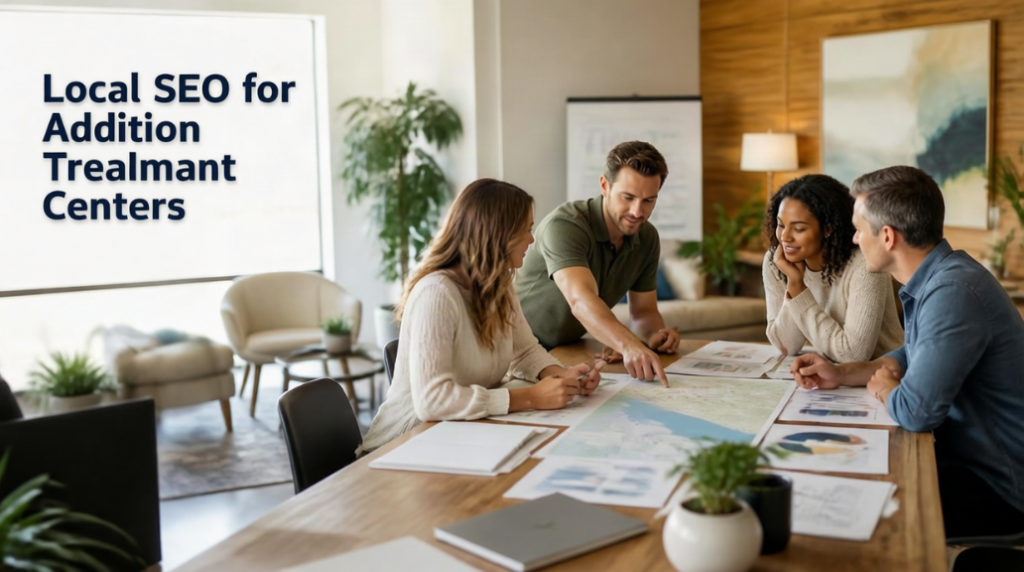 A diverse team reviewing local search strategy, maps, and printed reports during a collaborative planning session in a bright office.