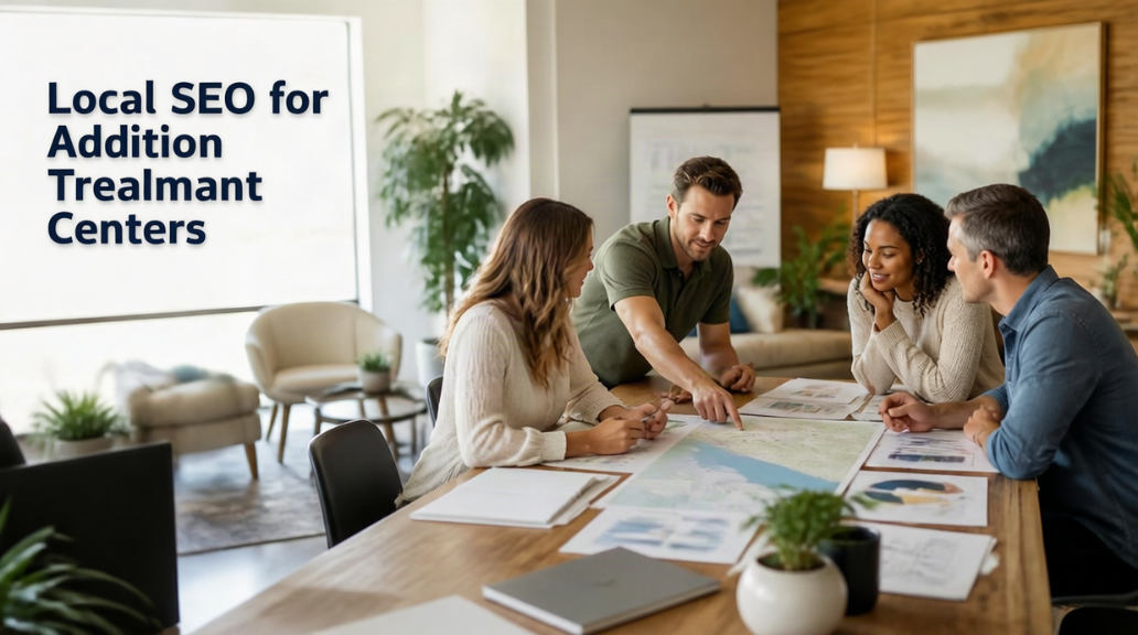 A diverse team reviewing local search strategy, maps, and printed reports during a collaborative planning session in a bright office.