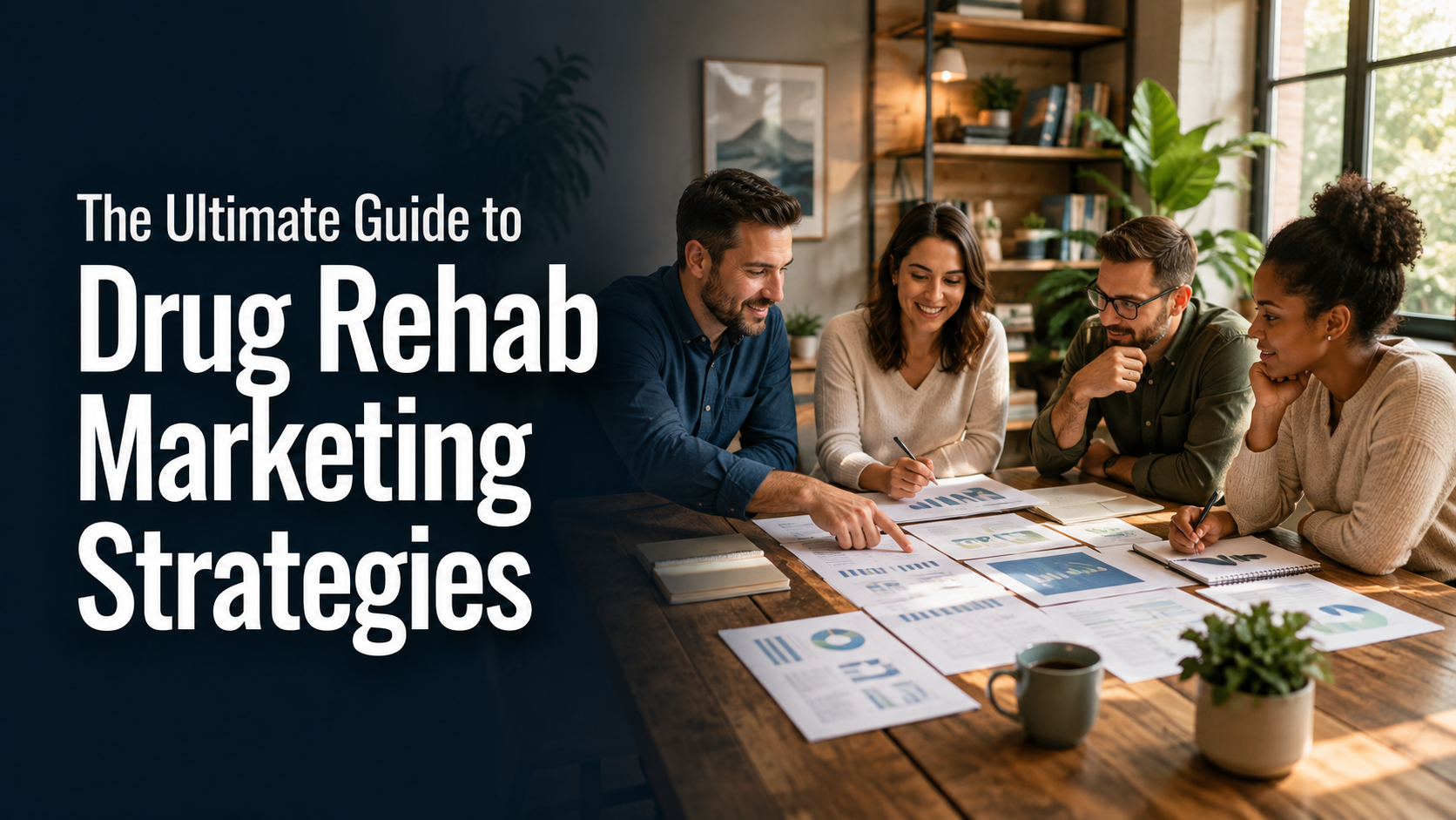 Four marketing professionals collaborating on drug rehab marketing strategies during a planning meeting in a modern office.