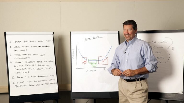 Executive presenting at a whiteboard during a workplace photo session